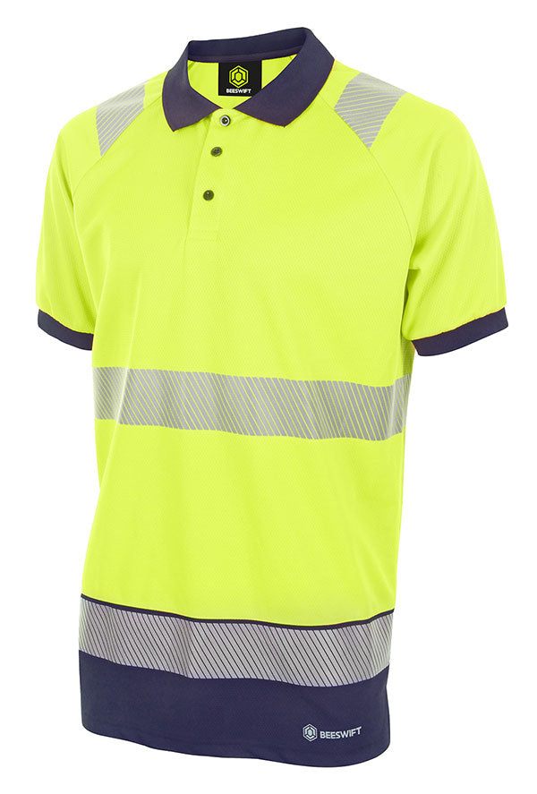 Deltic Beeswift Deltic Hi Vis Two Tone Short Sleeve Polo Shirt - Saturn Yellow Navy - Customisable Polo Shirts