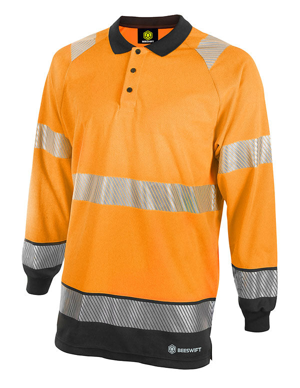 Deltic Beeswift Deltic Hi Vis Two Tone Long Sleeve Polo Shirt - Orange Black - Customisable Polo Shirts