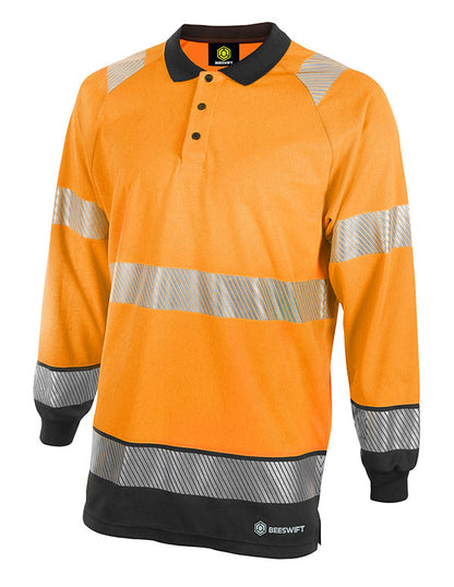 Deltic Beeswift Deltic Hi Vis Two Tone Long Sleeve Polo Shirt - Orange Black - Customisable Polo Shirts