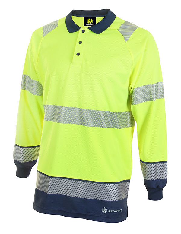 Deltic Beeswift Deltic Hi Vis Two Tone Long Sleeve Polo Shirt - Saturn Yellow Navy - Customisable Polo Shirts