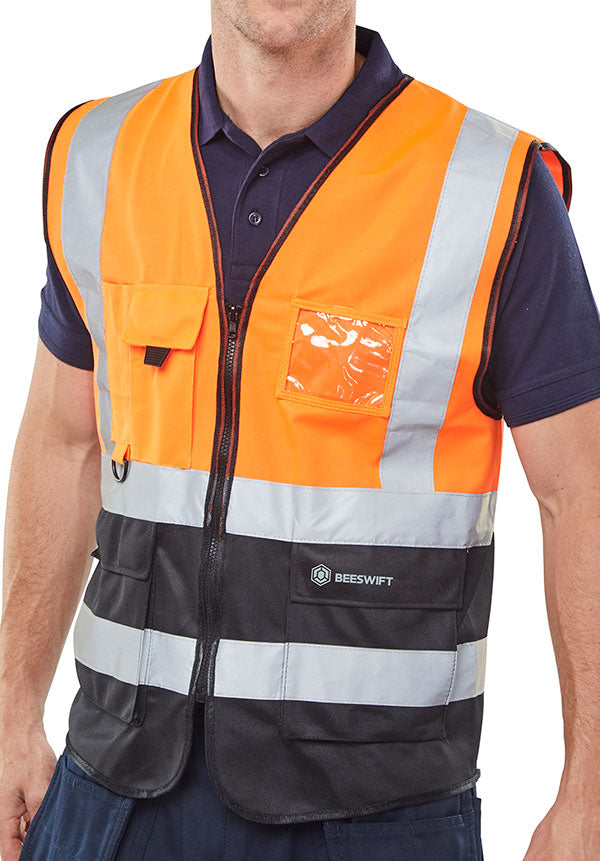 Beeswift Hi Vis Two Tone Executive Id Vest - Orange Black - Customisable Waistcoats / Vests