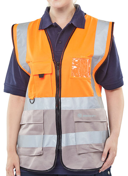 Beeswift Hi Vis Two Tone Executive Id Vest - Orange Grey - Customisable Waistcoats / Vests