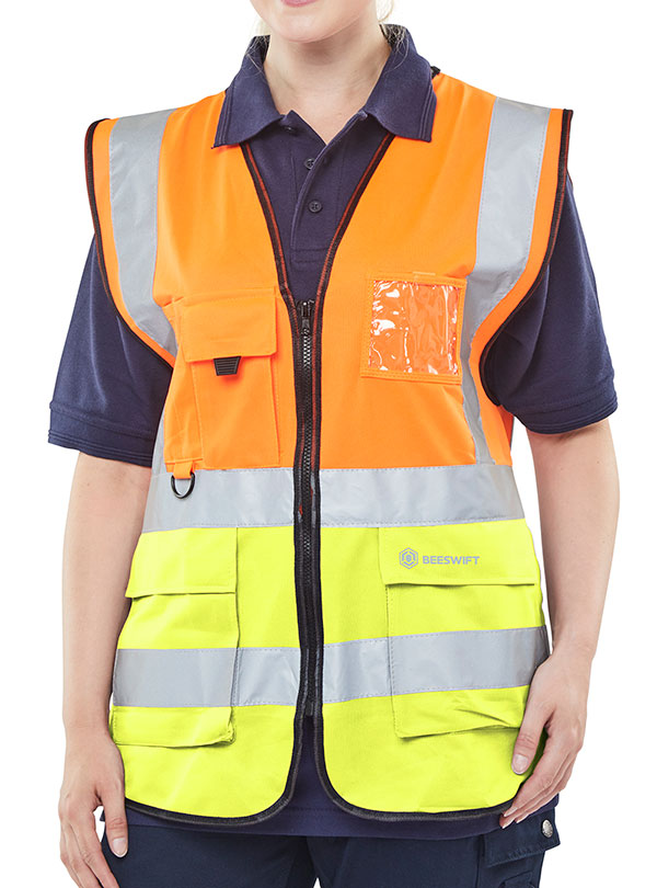 Beeswift Hi Vis Two Tone Executive Id Vest - Orange Saturn Yellow - Customisable Waistcoats / Vests