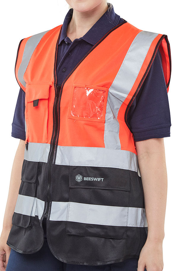 Beeswift Hi Vis Two Tone Executive Id Vest - Red Black - Customisable Waistcoats / Vests