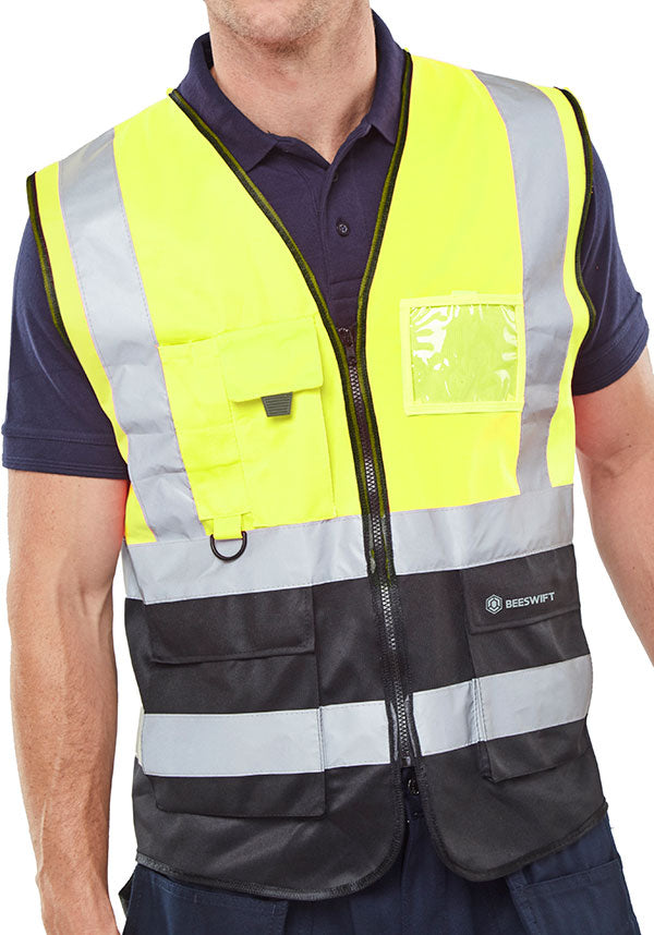 Beeswift Hi Vis Two Tone Executive Id Vest - SaturnYellow Black - Customisable Waistcoats / Vests
