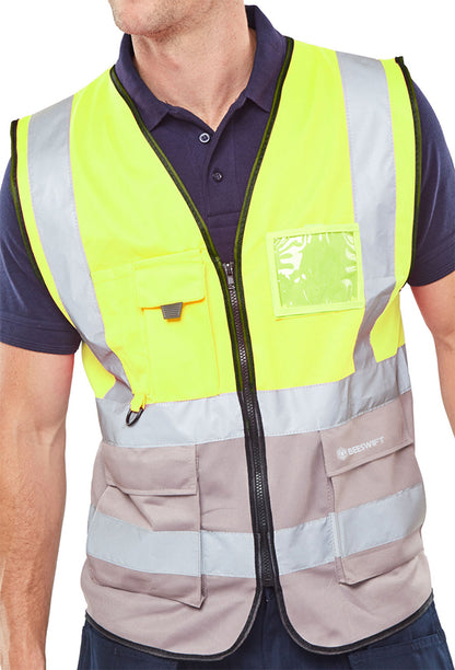 Beeswift Hi Vis Two Tone Executive Id Vest - SaturnYellow Grey M - Customisable Waistcoats / Vests