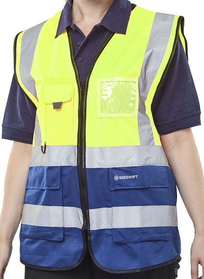 Beeswift Hi Vis Two Tone Executive Id Vest - Saturn Yellow Navy - Customisable Waistcoats / Vests