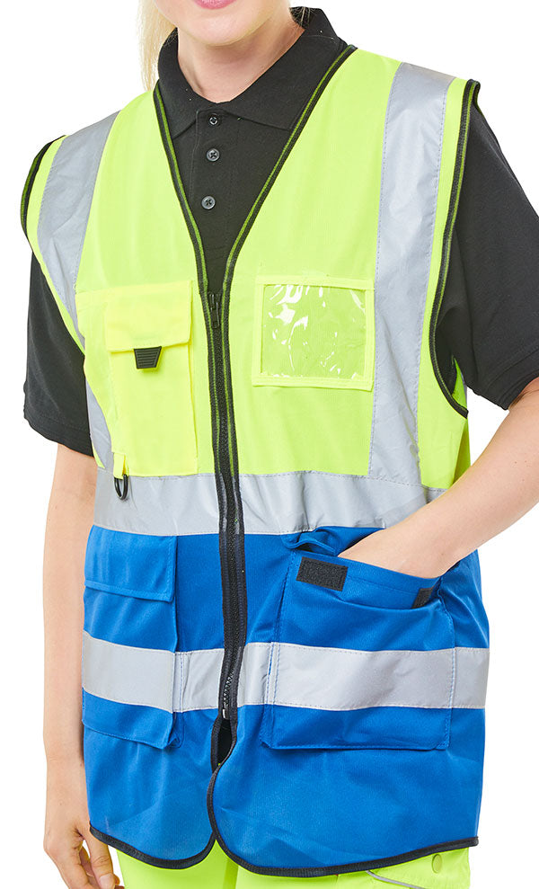 Beeswift Hi Vis Two Tone Executive Id Vest - Saturn Yellow Royal - Customisable Waistcoats / Vests