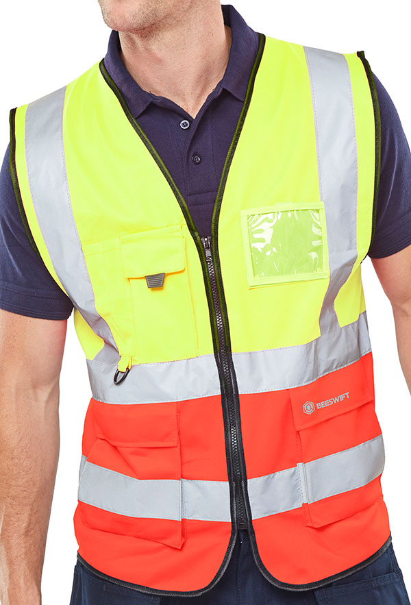 Beeswift Hi Vis Two Tone Executive Id Vest - SaturnYellow Red - Customisable Waistcoats / Vests