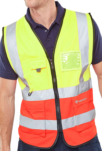 Beeswift Hi Vis Two Tone Executive Id Vest - SaturnYellow Red - Customisable Waistcoats / Vests