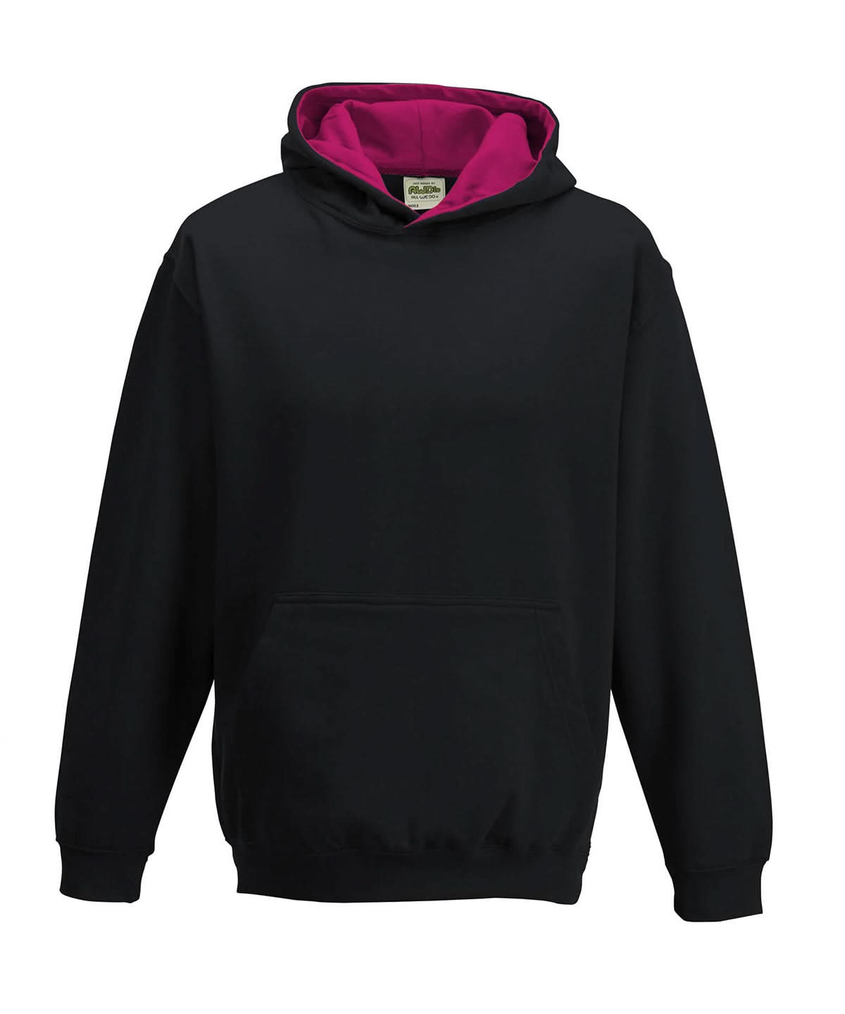 AWDis Just Hoods Kids varsity hoodie JH03J - Jet Black Hot Pink - Customisable Hoodies