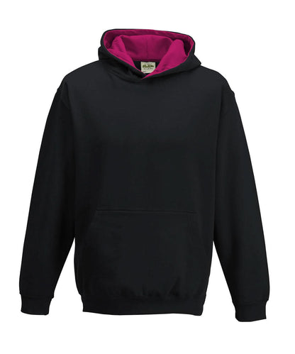 AWDis Just Hoods Kids varsity hoodie JH03J - Jet Black Hot Pink - Customisable Hoodies