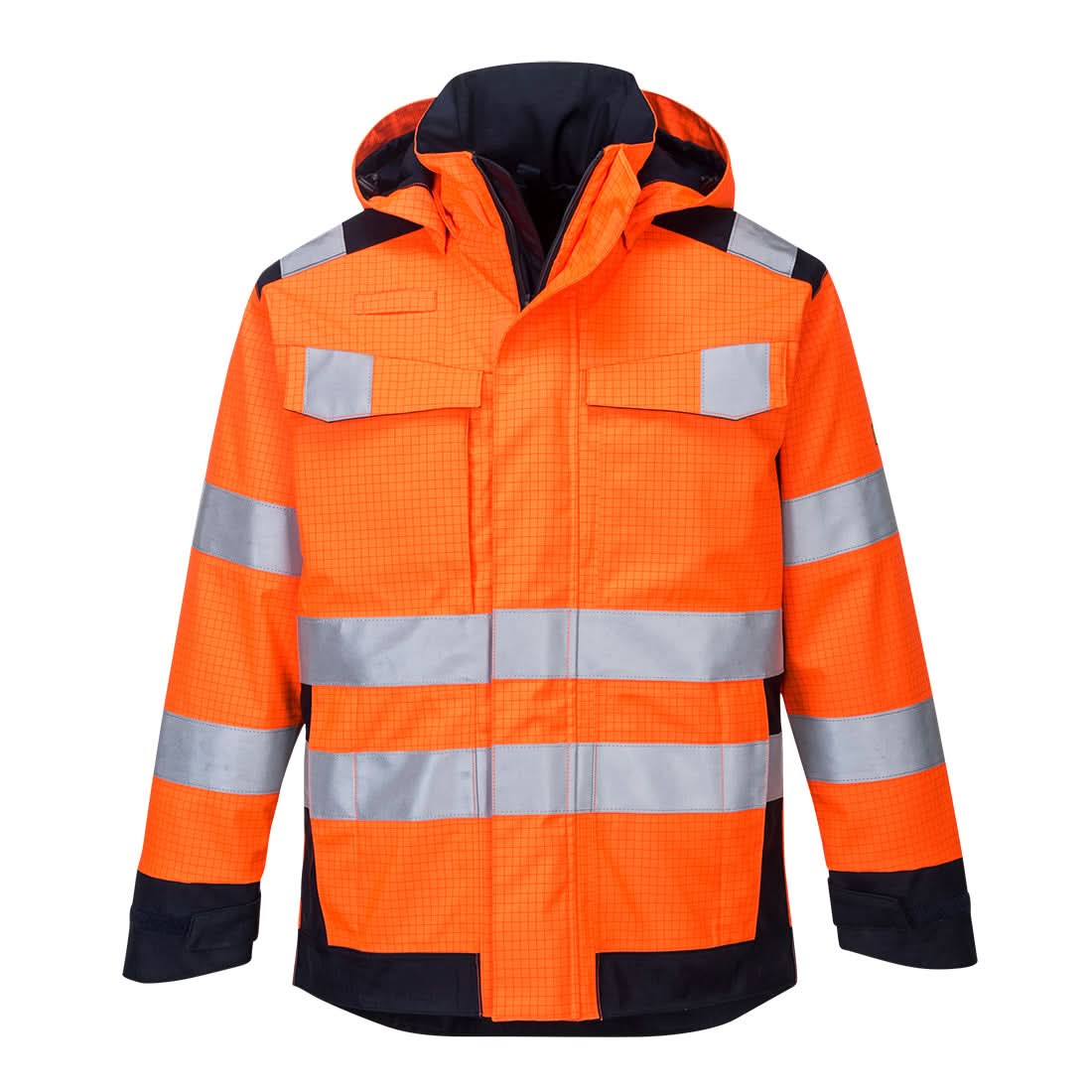 Portwest Modaflame Rain Hi Vis Multi Norm Contrast Fr Jacket MV70 - Orange Navy - Customisable Jackets