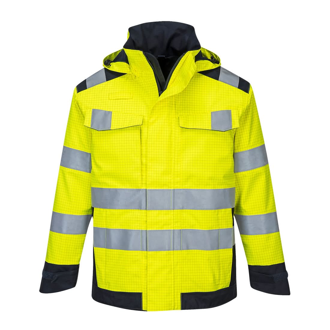 Portwest Modaflame Rain Hi Vis Multi Norm Contrast Fr Jacket MV70 - Yellow Navy - Customisable Jackets