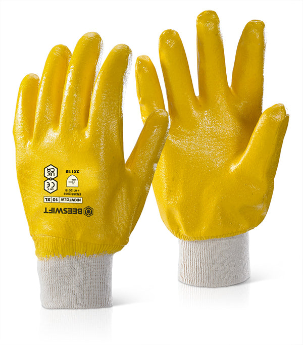 Beeswift Nitrile Knitted Wrist Fully Coated Light Weight Gloves - Yellow 10 - Customisable Nitrile