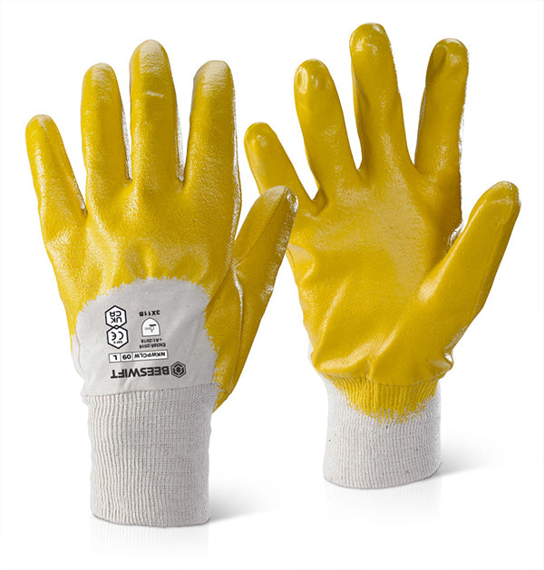 Beeswift Nitrile Knitted Wrist Palm Coated Light Weight Gloves - Yellow 10 - Customisable Nitrile