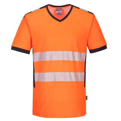 Pw3 Hi Vis V Neck Mesh Insert T Shirt S/S Pw310 - Orange Black - Customisable T-Shirt