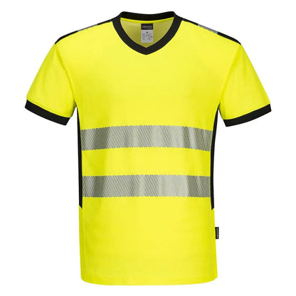 Pw3 Hi Vis V Neck Mesh Insert T Shirt S/S Pw310 - Yellow Black - Customisable T-Shirt