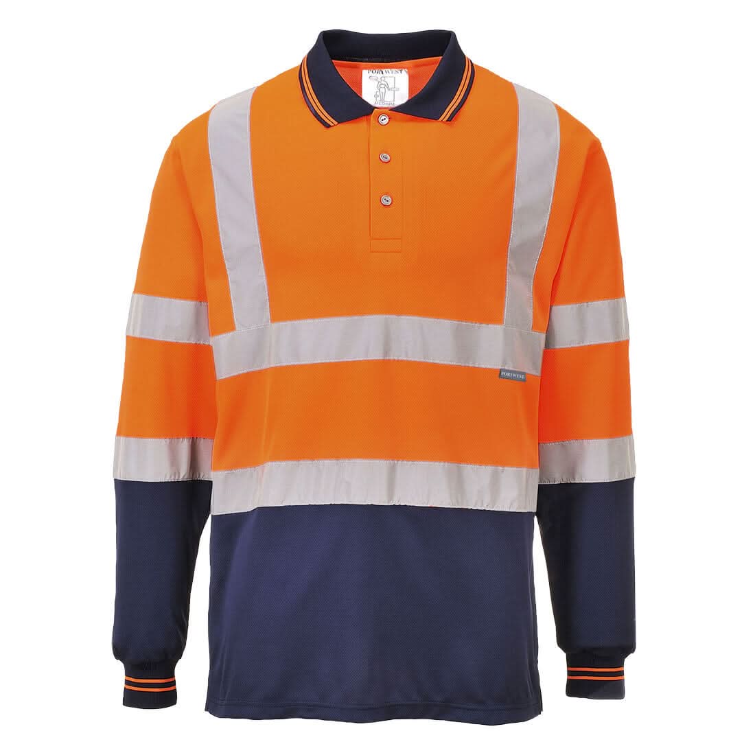 Portwest Hi Vis Contrast Polo Shirt LS S279 - Orange Navy - Customisable Hi-Vis Polos