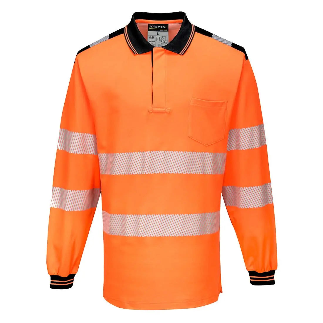 Pw3 Hi Vis Cotton Comfort Polo Shirt L/S T184 - Orange Black - Customisable Polo Shirts