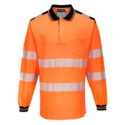 Pw3 Hi Vis Cotton Comfort Polo Shirt L/S T184 - Orange Black - Customisable Polo Shirts