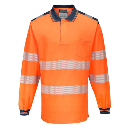 Pw3 Hi Vis Cotton Comfort Polo Shirt L/S T184 - Orange Navy - Customisable Polo Shirts