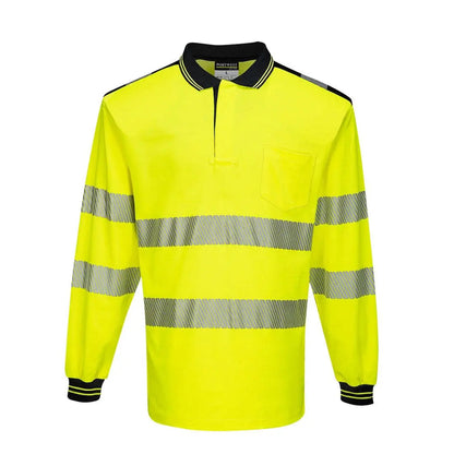 Pw3 Hi Vis Cotton Comfort Polo Shirt L/S T184 - Yellow Black - Customisable Polo Shirts