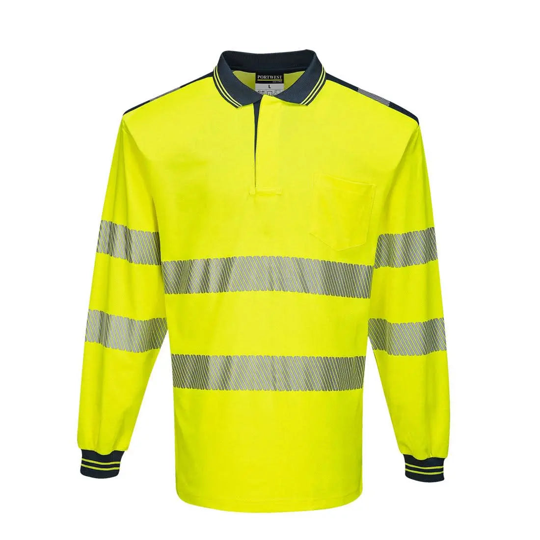 Pw3 Hi Vis Cotton Comfort Polo Shirt L/S T184 - Yellow Navy - Customisable Polo Shirts