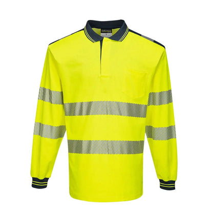 Pw3 Hi Vis Cotton Comfort Polo Shirt L/S T184 - Yellow Navy - Customisable Polo Shirts