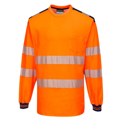 Pw3 Hi Vis Cotton Comfort T Shirt L/S T185 - Orange Navy - Customisable T-Shirt
