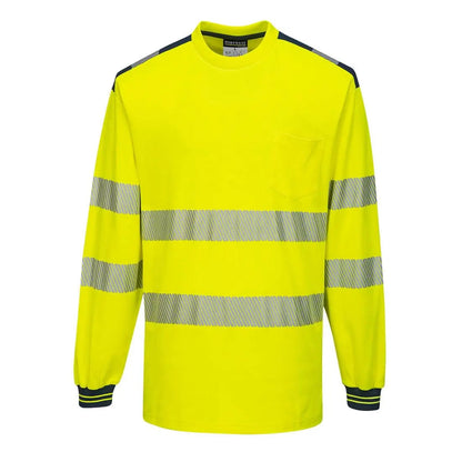Pw3 Hi Vis Cotton Comfort T Shirt L/S T185 - Yellow Navy - Customisable T-Shirt