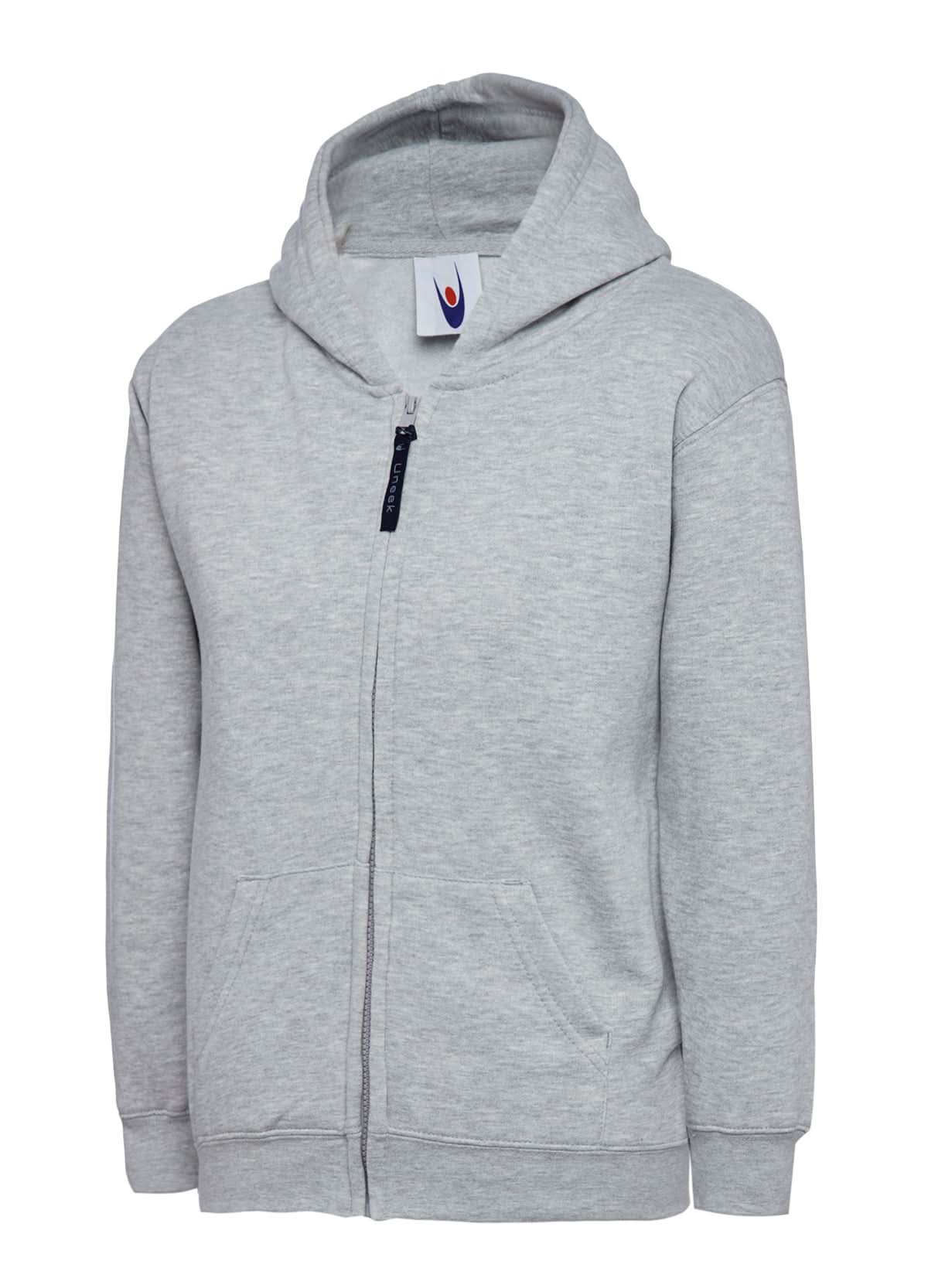 Uneek Childrens Classic Full Zip Hooded Sweatshirt UC506 - Heather Grey - Customisable Sweatshirts