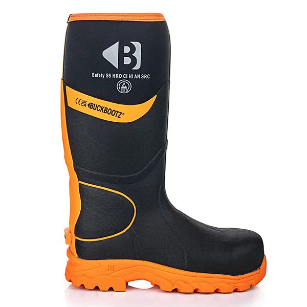 Buckbootz S5 - Black/Orange - 360 High Visibility Neoprene/Rubber Safety Wellington Boot with Ankle Protection - BBZ8000 - Black Orange - Customisable Wellingtons