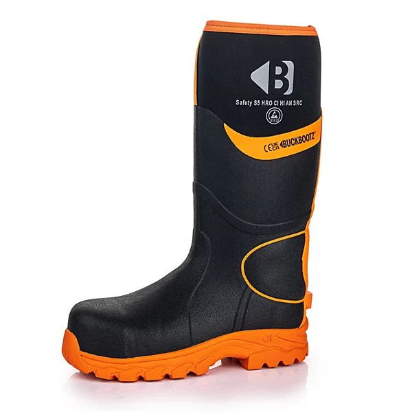 Buckbootz S5 - Black/Orange - 360 High Visibility Neoprene/Rubber Safety Wellington Boot with Ankle Protection - BBZ8000 - - Customisable Wellingtons