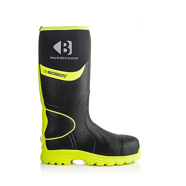 Buckbootz S5 - Black/Yellow - 360 High Visibility Neoprene/Rubber Safety Wellington Boot with Ankle Protection - BBZ8000 - Black Yellow - Customisable Wellingtons