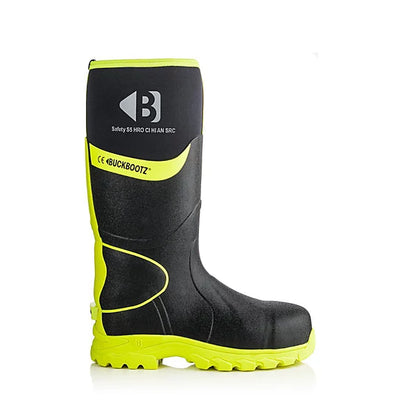 Buckbootz S5 - Black/Yellow - 360 High Visibility Neoprene/Rubber Safety Wellington Boot with Ankle Protection - BBZ8000 - Black Yellow - Customisable Wellingtons