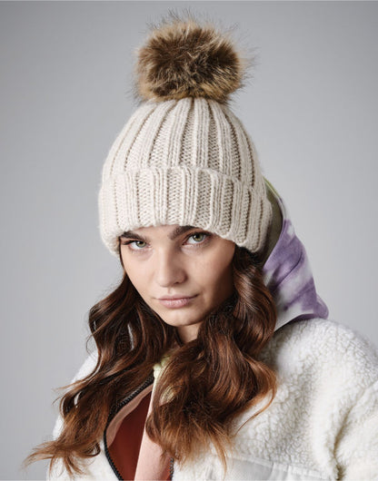 Beechfield Fur Pop Pom Chunky Beanie B412 - Black O S - Customisable Beanies