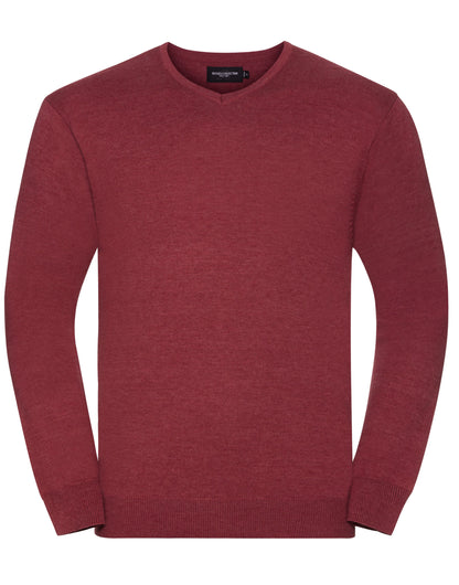 Russell Collection Mens VNeck Pullover 710m - Cranberry Marl - Customisable Corporate Wear