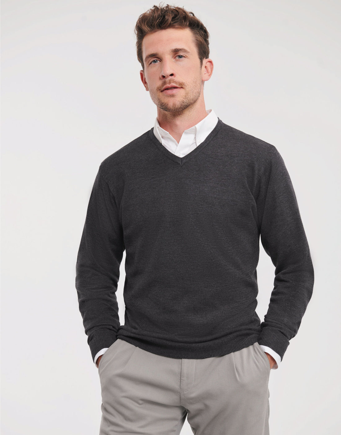 Russell Collection Mens VNeck Pullover 710m - Charcoal Marl - Customisable Corporate Wear
