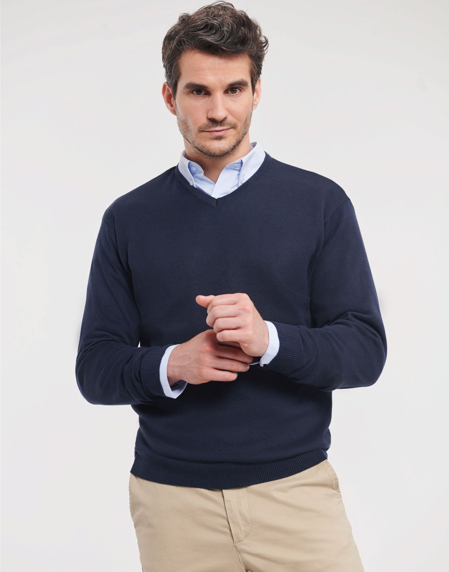Russell Collection Mens VNeck Pullover 710m - French Navy - Customisable Corporate Wear