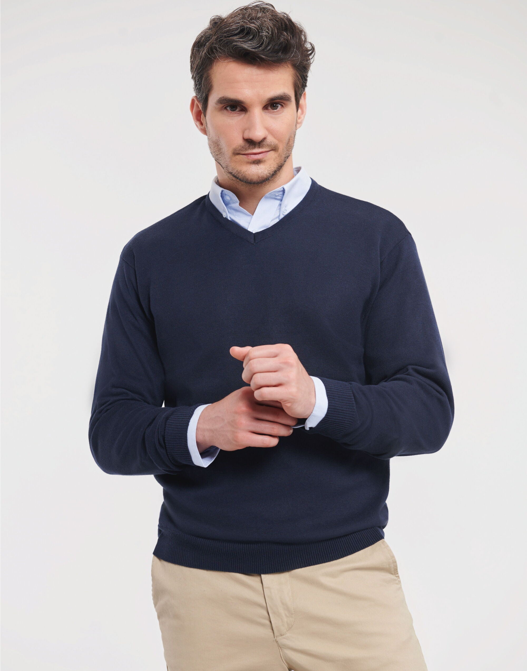 Russell Collection Mens VNeck Pullover 710m - French Navy - Customisable Corporate Wear
