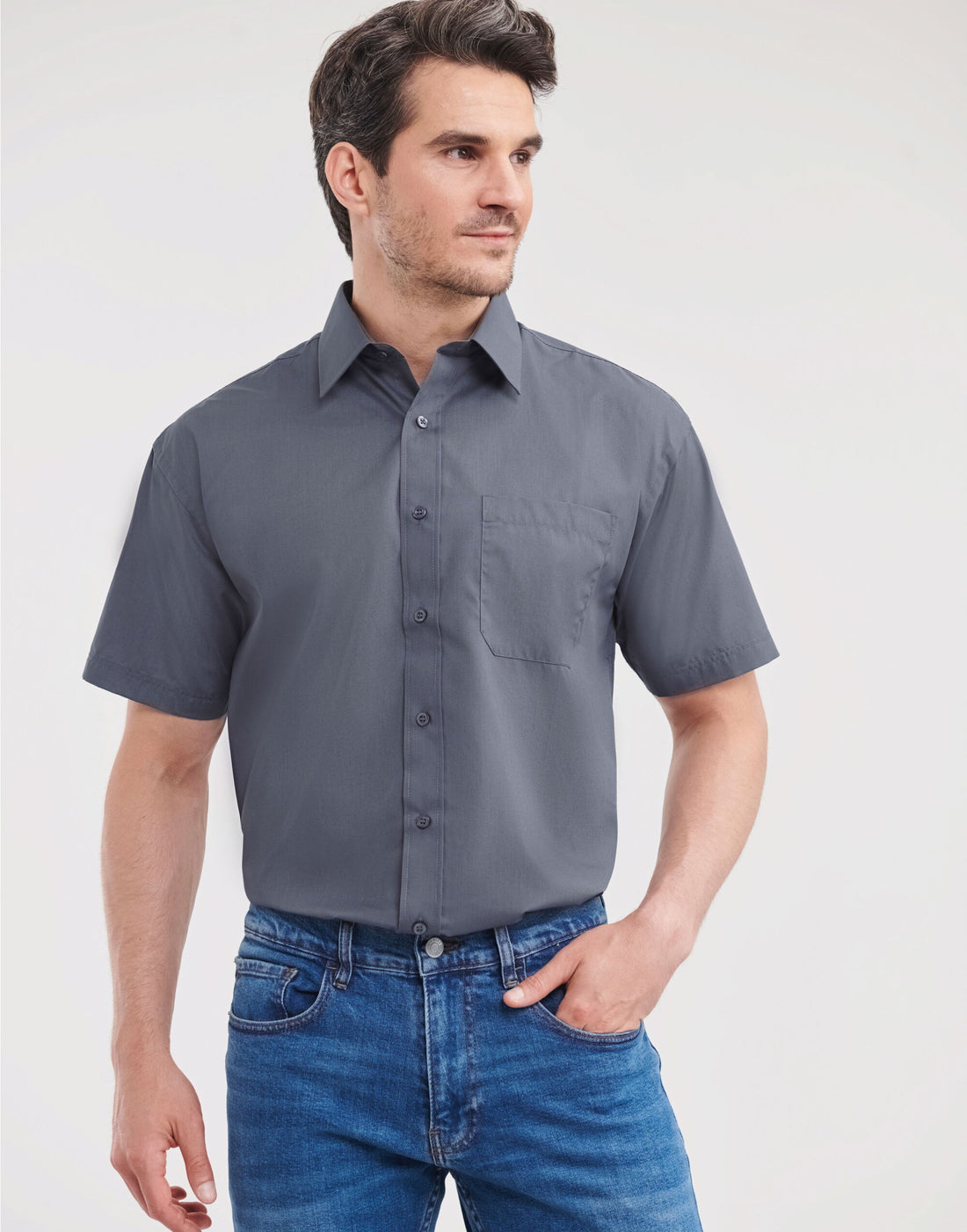 Russell Collection Men SS Classic Poplin 935M - Convoy Grey - Customisable Shirts