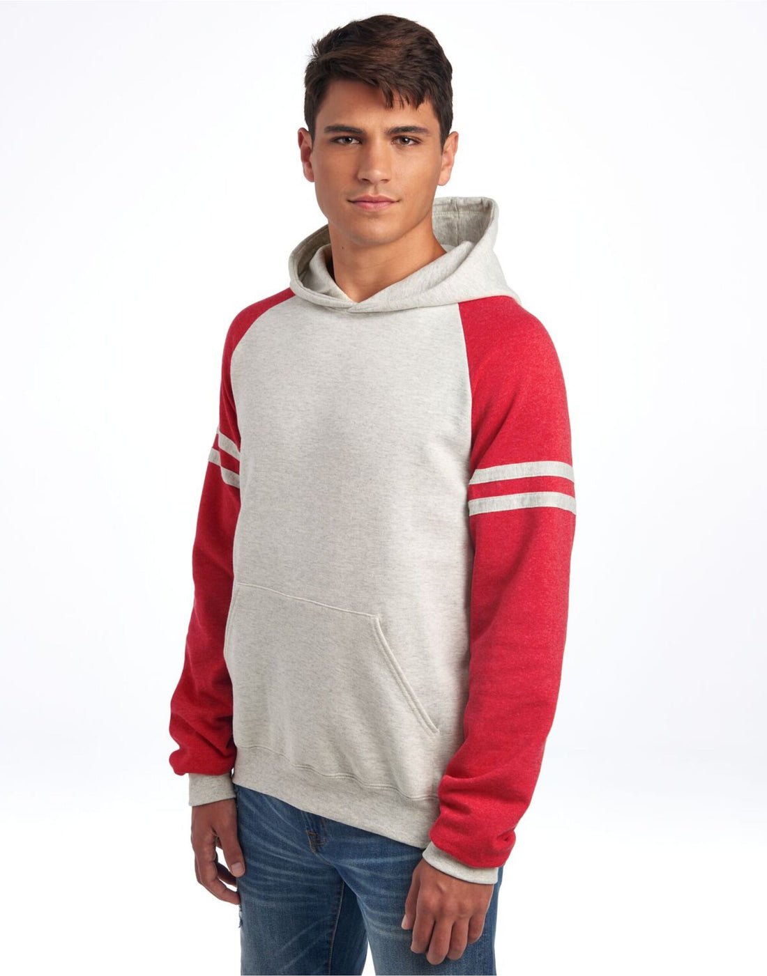 Jerzees NuBlend Varsity Col Block Hood 0S97CR0 - Oatmeal Heather Fiery Red Heather - Customisable Sweatshirts