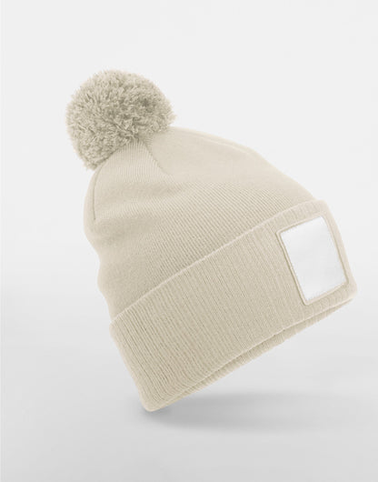 Beechfield Appliqu√© Patch Pom Beanie B338R - Oatmeal White O S - Customisable Beanies