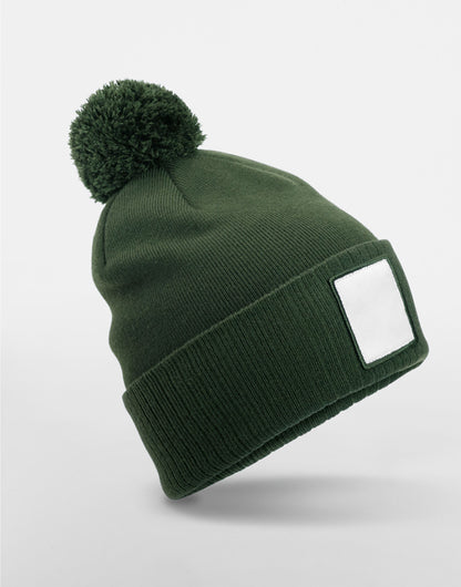 Beechfield Appliqu√© Patch Pom Beanie B338R - Olive Green White O S - Customisable Beanies