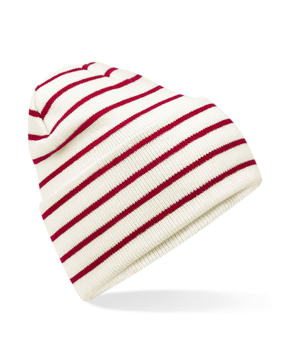 Beechfield Original Deep Cuffed Striped B39R - Soft White Classic Red O S - Customisable Beanies