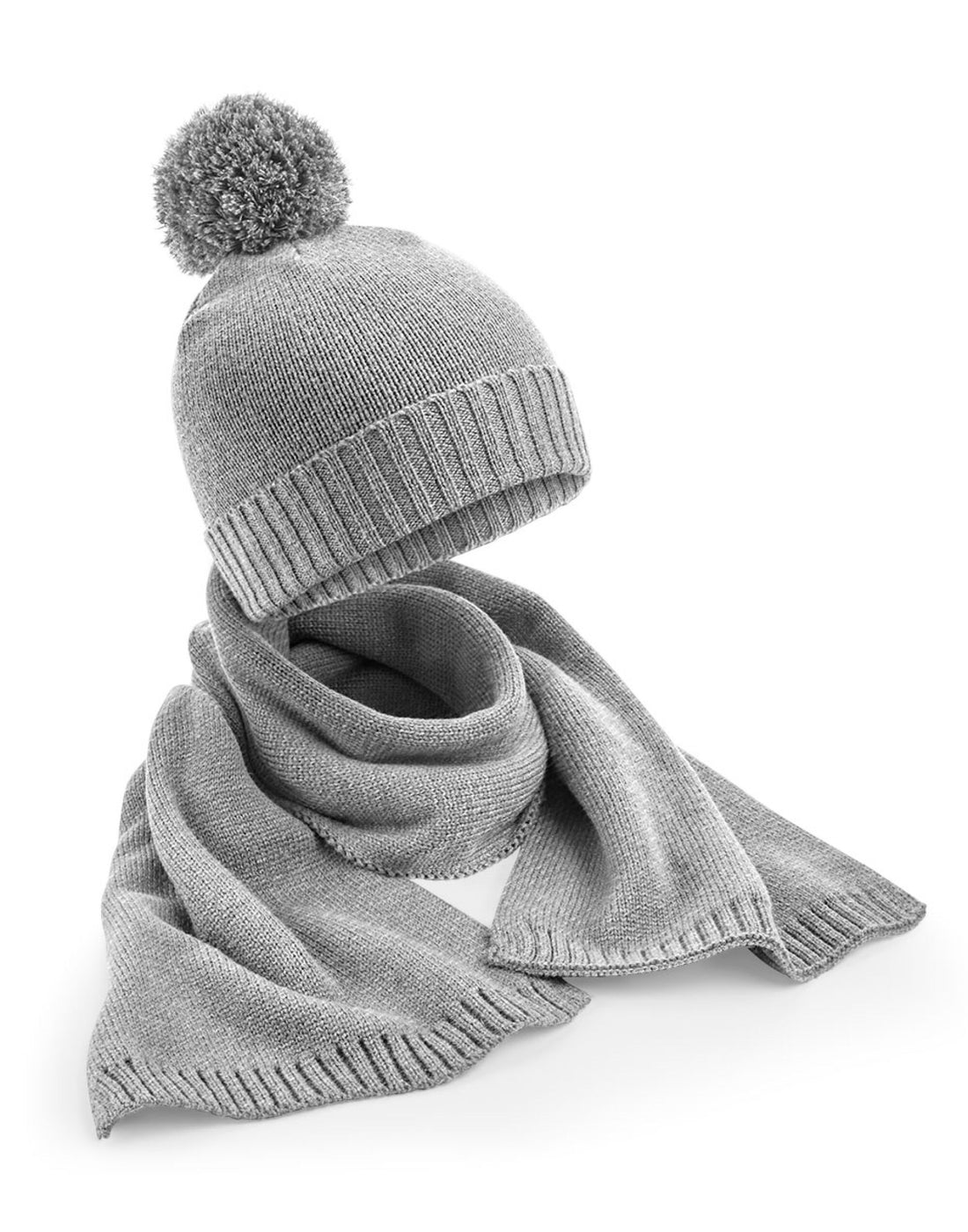 Beechfield Knitted Scarf&amp;Beanie Gift Set B401 - Light Grey Fleck O S - Customisable Scarf