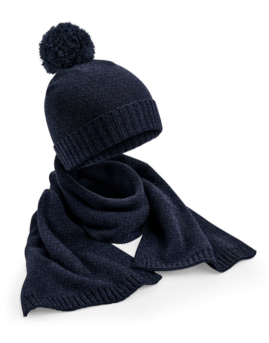Beechfield Knitted Scarf&amp;Beanie Gift Set B401 - Navy Fleck O S - Customisable Scarf