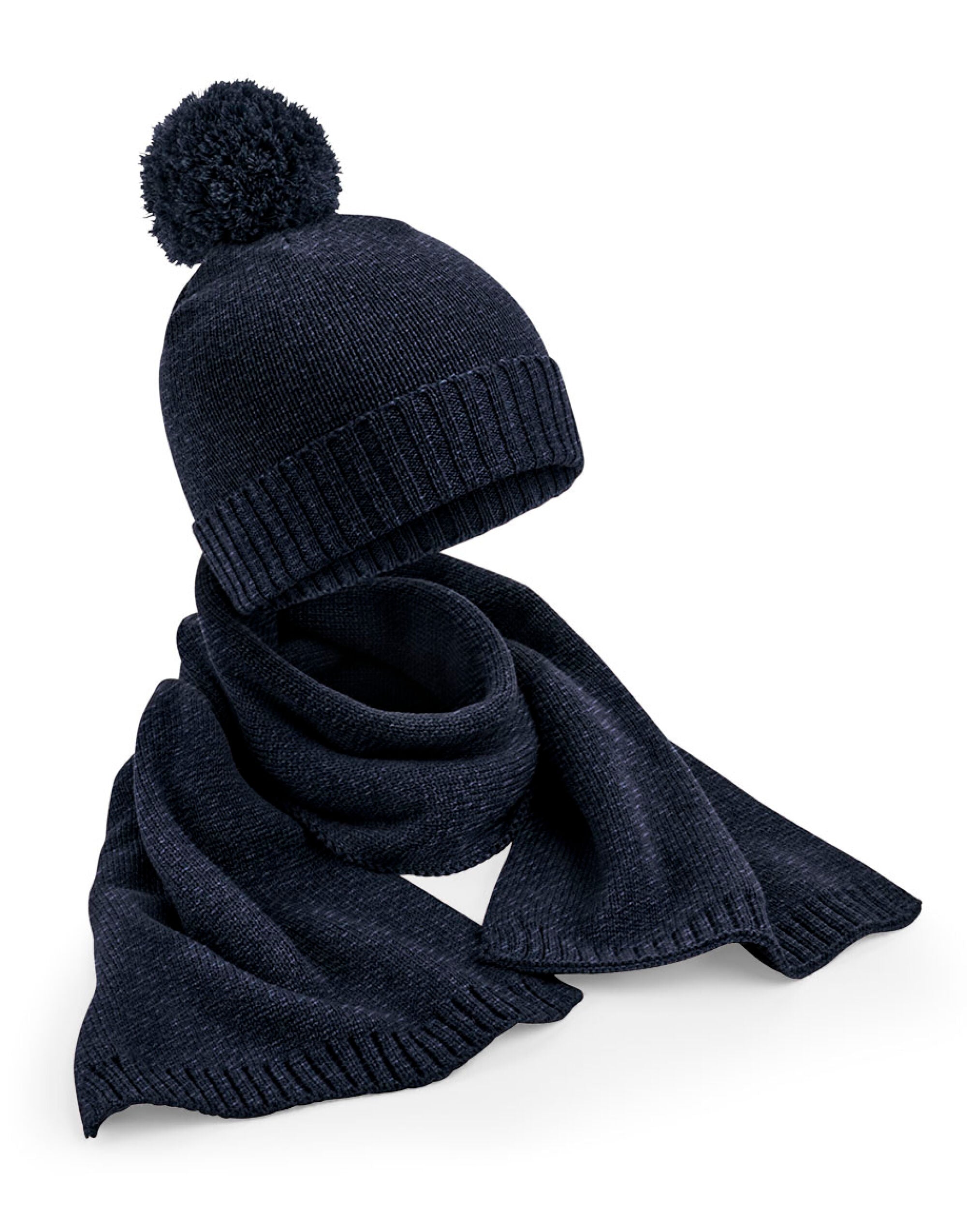 Beechfield Knitted Scarf&amp;Beanie Gift Set B401 - Navy Fleck O S - Customisable Scarf