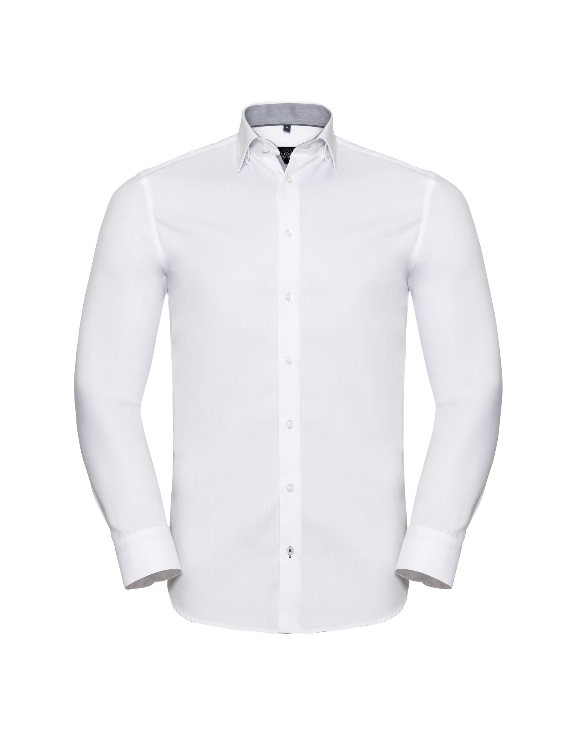 Russell Collection Russell Mens LS Contrast HBone Shirt r964mc - White Silver Convoy Grey - Customisable Corporate Wear